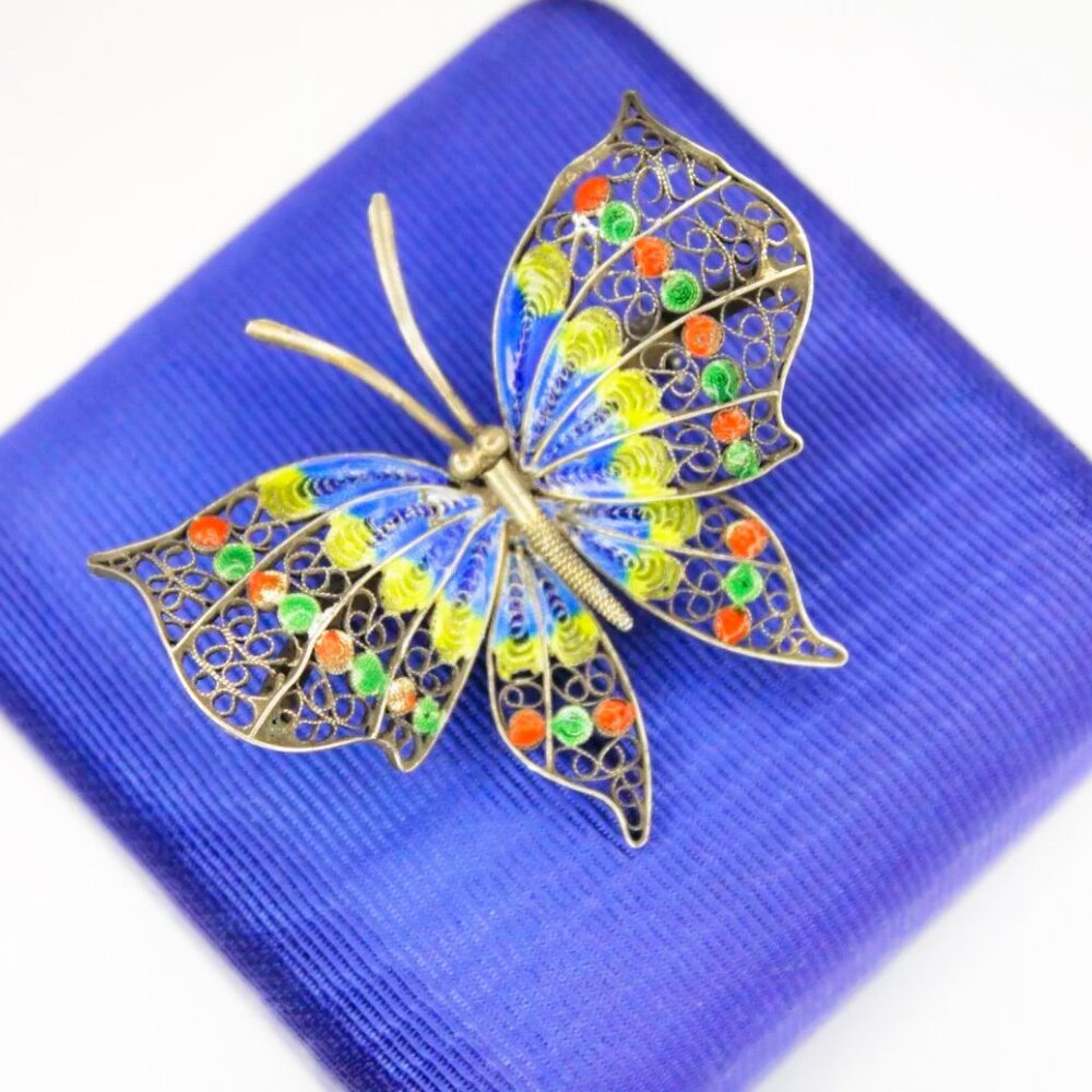 Antique Vintage Deco 800 Silver Filigree Enamel Butterfly Pin Brooch Spring